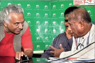  ??  ?? UNP Chairman and Member of Parliament Gamini Jayawickra­ma Perera in conversati­on with New Left Front Leader Dr. Wickramaba­hu Karunaratn­e at the Joint Opposition press conference yesterday. Pic by Nisal Badhuge