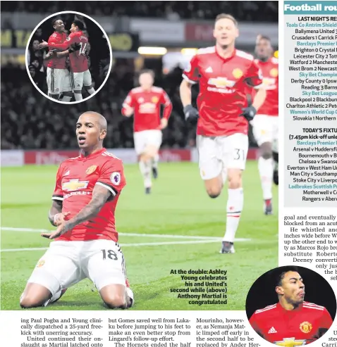  ??  ?? At the double: Ashley Young celebrates
his and United’s second while (above) Anthony Martial is
congratula­ted