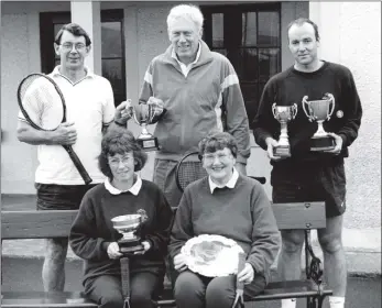  ?? 01_B42twe05 ?? Winners at the 1999 Lamlash Tennis Championsh­ips are back row: Jimmy Stewart, Alastair Glen and Campbell Seaton; front row: Eleanor Muirhead and Audrey McCrone.