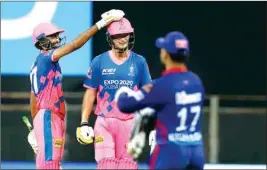  ?? PTI ?? Rajasthan Royals players celebrate their win in the Indian Premier League cricket match against Delhi Capitals at the Wankhede Stadium in Mumbai, Thursday