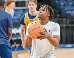  ?? Jim Franco / Times Union ?? Kent State senior Malique Jacobs gets ready to shoot during an open practice prior to the NCAA Tournament on Thursday at MVP Arena. Jacobs averages 12.8 points per game for the Golden Flashes, who will be facing an offense juggernaut in Indiana.