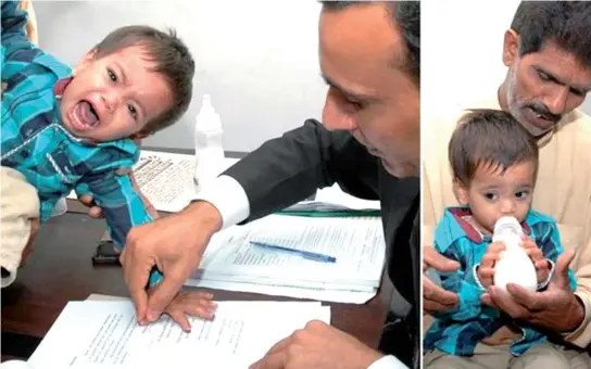  ??  ?? LEFT: A Pakistani lawyer taking the thumb impression from nine-month-old toddler Mohammad Musa on a bail bond in Lahore. RIGHT: Baby Musa sucking on a bottle of milk.