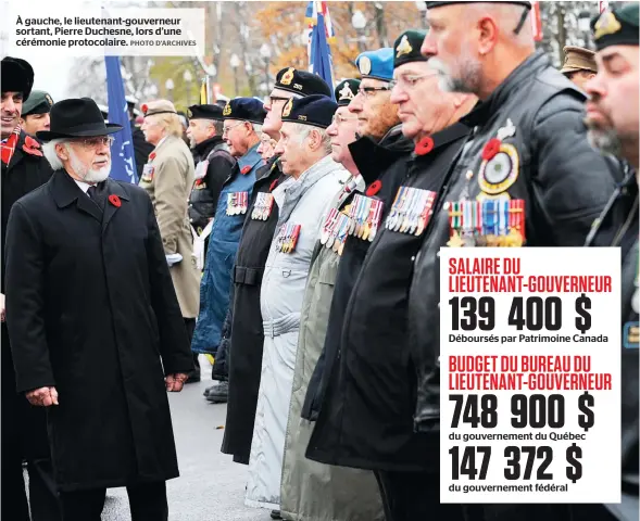  ??  ?? À gauche, le lieutenant-gouverneur sortant, Pierre Duchesne, lors d’une cérémonie protocolai­re.