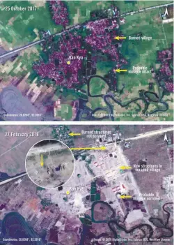  ??  ?? This handout combinatio­n of satellite photos released by Amnesty and DigitalGlo­be yesterday shows before and after images taken on Oct 25, 2017 and Feb 27 of new structures and fencing built over the previously burnt village of Kan Kya in Rakhine.