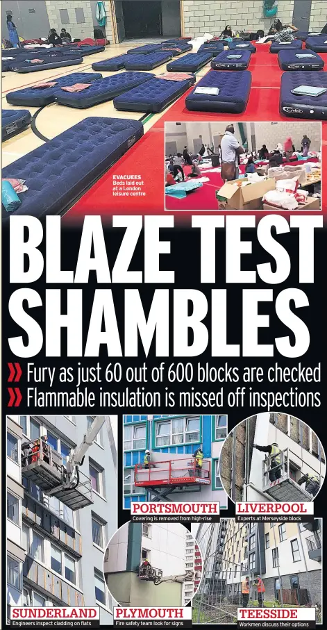  ??  ?? Engineers inspect cladding on flats Covering is removed from high-rise Fire safety team look for signs Experts at Merseyside block Workmen discuss their options SUNDERLAND PORTSMOUTH PLYMOUTH LIVERPOOL TEESSIDE