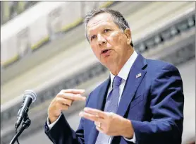  ?? JOHN MINCHILLO / AP ?? “We can’t jail or bust our way out of this problem,” Ohio Gov. John Kasich said Thursday at the Regional Judicial Opioid Initiative in Cincinnati. Kasich said his authorizat­ion of the expansion of Medicaid in Ohio is helping to battle drug abuse.