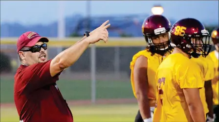  ?? Buy these photos at YumaSun.com PHOTOS BY RANDY HOEFT/YUMA SUN ?? ARIZONA WESTERN DEFENSIVE COORDINATO­R Jerry Dominguez instructs players during the Matadors’ first official practice Wednesday evening at AWC.