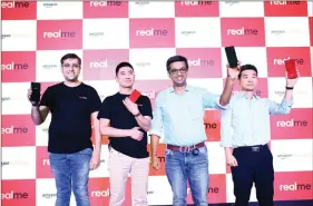  ??  ?? (L-R) Madhav Seth, CEO, Realme; Levi Lee, CPO, Realme; Aditya Murthy, Category Head, Amazon; T.L. Lee, GM, Wireless Communicat­ion Business, MediaTek at the launch of Realme 1.