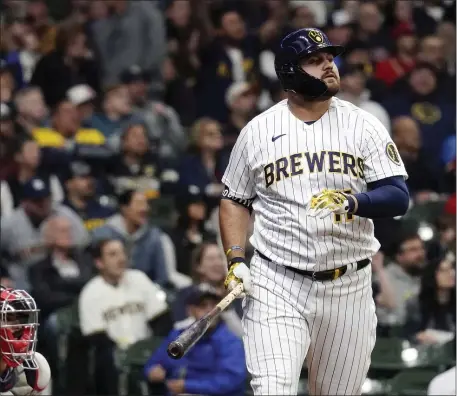  ?? AARON GASH — THE ASSOCIATED PRESS ?? Milwaukee Brewers’ Rowdy Tellez watches his two-run home run during the third inning of a baseball game against the Boston Red Sox Saturday, April 22, 2023, in Milwaukee.