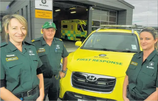  ?? PHOTO: CLINTON LLEWELLYN ?? St John volunteers Suzanne Jordan,Vaughn Thomson and Kendell O'Connor in front of the district's new first response vehicle.