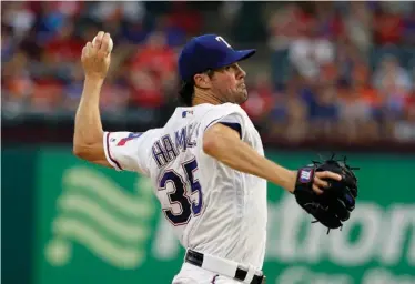  ?? Associated Press ?? n ABOVE: Texas Rangers starting pitcher Cole Hamels throws to the Houston Astros during the third inning of a baseball game Friday in Arlington, Texas. RIGHT: Astros starting pitcher Charlie Morton throws to the Rangers in the first inning of a...