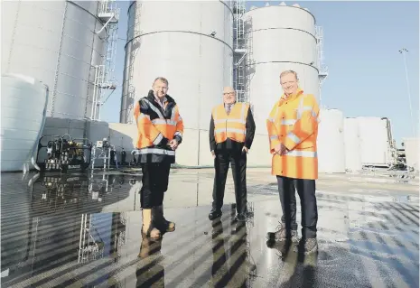  ?? ?? Brineflow chair John Fuller OBE, left, Sunderland City Council leader Cllr Graeme Miller, centre, and Port of Sunderland director Matthew Hunt.