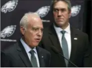  ?? MEL EVANS — THE ASSOCIATED PRESS ?? Philadelph­ia Eagles owner Jeffrey Lurie, left, addresses members of the media, as he introduces Doug Pederson, right, as the head coach of the Eagles NFL football team.