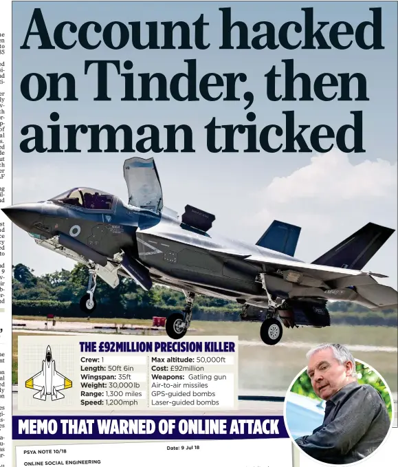  ??  ?? TOP SECRET: F-35, top, at Marham. Above: Arrested engineer Bryn Jones