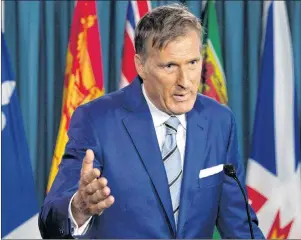  ?? CP PHOTO ?? Maxime Bernier responds to questions after announcing he will leave the Conservati­ve party during a news conference in Ottawa, Thursday.