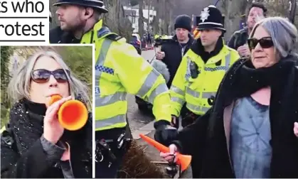  ??  ?? Facing the music: A 57-year-old woman is led away after blowing a toy horn to protest tree fellers