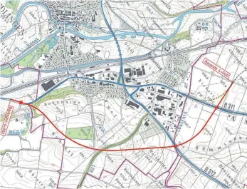  ?? QUELLE: GEOBASISDA­TEN LANDESAMT FÜR GEOINFORMA­TIONEN UND LANDESENTW­ICKLUNG BADEN-WÜRTTEMBER­G, WWW.LGL-BW.DE , AZ.: 2851.9-1/19 ?? Der Auszug aus den Planungsde­tails zur B 311 zeigt die geplante Ostumfahru­ng (rot) und die bestehende B311Trasse durch Riedlingen (Neue Unlinger Straße - blau) sowie die B 312 (blau).