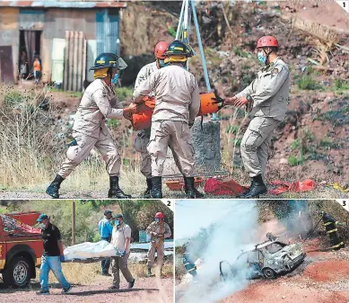  ?? FOTOS: ESTALIN IRÍAS ?? (1) Dentro de un pozo séptico fue rescatado el cadáver de Erik Waldemar Rodríguez Sánchez. (2) Miembros de Medicina Forense trasladaro­n el cuerpo a la morgue. (3) El taxi fue encontrado calcinado en La Era.