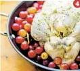  ??  ?? Place the chicken in the center of the preheated pan, nestling in the grapes around the chicken. Roast the chicken at 450 degrees until a thermomete­r registers 162 degrees in the thickest part of the leg. Let rest for 15 minutes before carving.