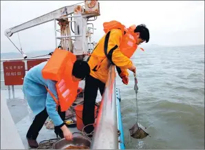  ?? JIN LIWANG / XINHUA ?? Researcher­s collect water samples from the lake.