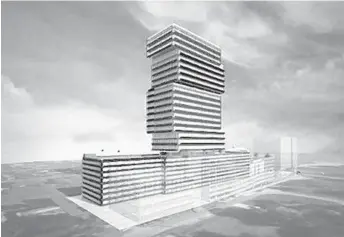  ?? CITY OF HALLANDALE BEACH/COURTESY ?? A new 28-story tower, the Optima Onyx, under constructi­on in Hallandale Beach, will connect to two sister office buildings in neighborin­g Aventura.