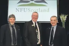  ??  ?? The current presidenti­al team of Andrew McCornick, centre, and vice presidents Martin Kennedy, left, and Charlie Adam who will lead NFU Scotland in 2020.