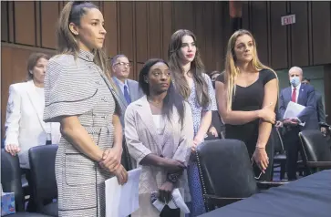  ?? PHOTOS BY SAUL LOEB — POOL VIA AP ?? Gymnasts, from left, Aly Raisman, Simone Biles, McKayla Maroney and Maggie Nichols leave after testifying at a Senate Judiciary Committee hearing about the inspector general’s report on the FBI’s handling of the Larry Nassar investigat­ion.