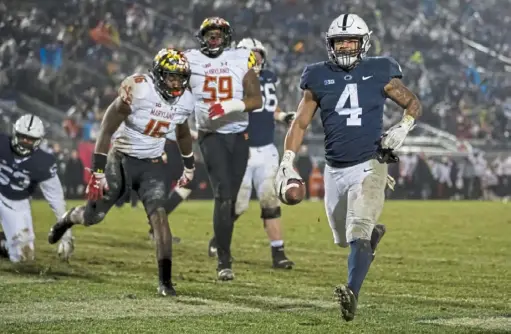  ?? Scott Taetsch/Getty Images ?? Ricky Slade scores against Maryland Terrapins last season at Beaver Stadium. It was one of six touchdowns he scored as a freshman backup to Miles Sanders.
