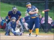  ?? AUSTIN HERTZOG - DIGITAL FIRST MEDIA ?? Upper Perkiomen’s Morgan Lindsay hits a liner to shortstop against Nanticoke during a PIAA 4A first round game Monday at Methacton.