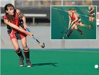  ?? PHOTO: KEVIN FARMER ?? IN ACTION: Sue Marcussen plays for Past High at Clyde Park this season. INSET: Her daughter Chante Marcussen also on field for Past High this season.