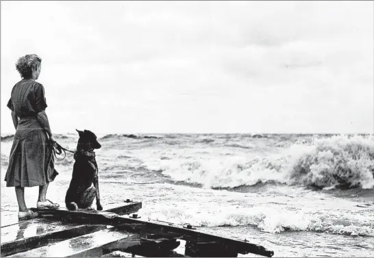  ?? SWAIN SCALF/CHICAGO TRIBUNE ?? Jean Anderson, of St. Louis, and her dog Lucky watch the high waves roll in on Lake Michigan at Division Street in September 1937.