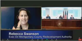  ?? SCREENSHOT OF MONTCOPA VIDEO ?? Rebecca Swanson, executive director of the Montgomery County Redevelopm­ent Authority, tells the county commission­ers about the expansion of criteria for the state’s C-PACE funding during the commission­ers meeting on Aug. 18, 2022.