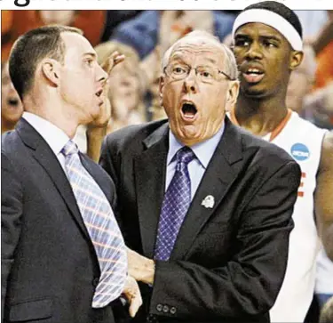  ?? AP & Getty ?? Ohio State’s Jared Sullinger (l.) is too much for Syracuse to handle Saturday night, much to dismay of Orange coach Jim Boeheim (above, r.), whose team falls one victory short of Final 4.