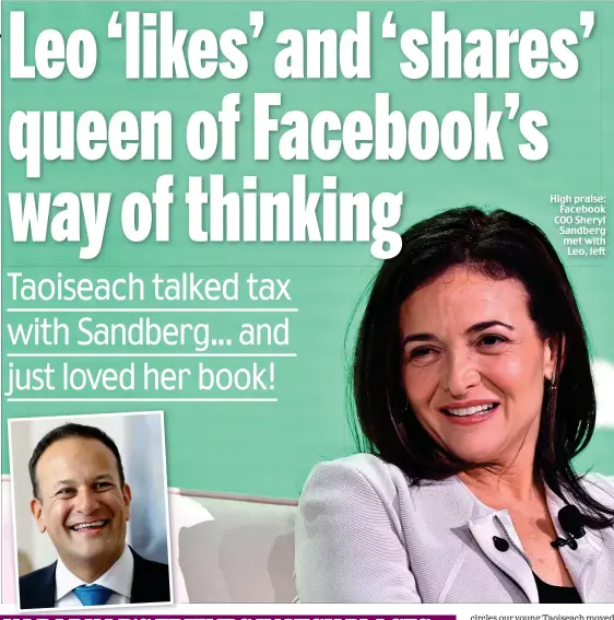  ??  ?? High praise: Facebook COO Sheryl Sandberg met with Leo, left