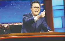  ?? CBS ?? “I’m not sure if I’d ever want another bite of that apple, though,” Stephen Colbert says of interviewi­ng Donald Trump.