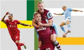  ?? ?? Liverpool's Darwin Núñez, West Ham's Jarrod Bowen and James Ward-Prowse and Manchester City's Erlig Haaland. Composite: Guardian Design