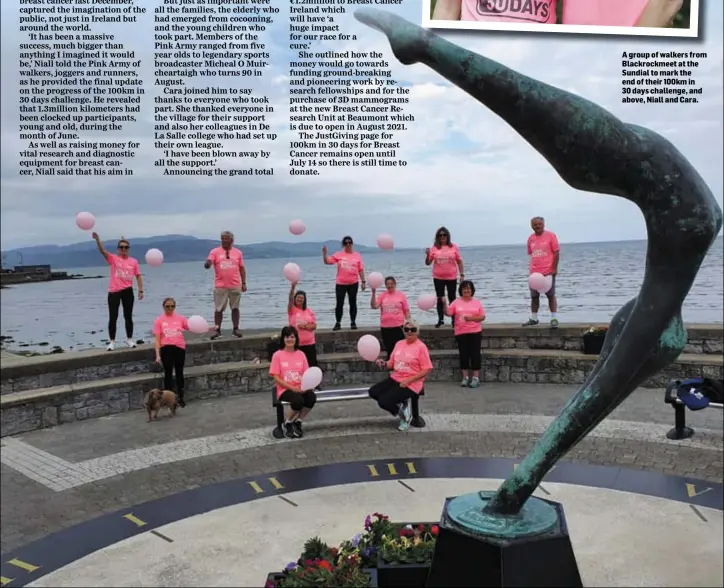  ??  ?? A group of walkers from Blackrockm­eet at the Sundial to mark the end of their 100km in 30 days challenge, and above, Niall and Cara.