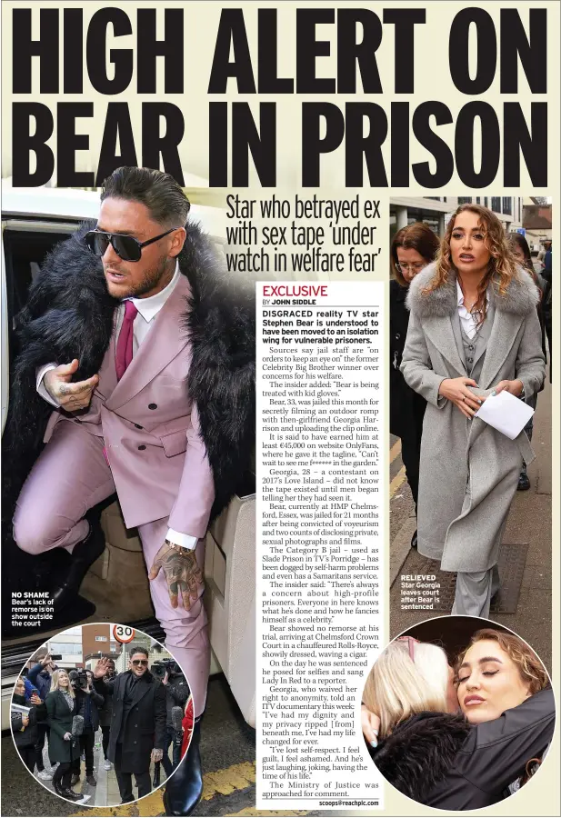  ?? ?? NO SHAME Bear’s lack of remorse is on show outside the court
RELIEVED Star Georgia leaves court after Bear is sentenced