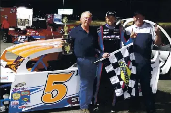  ?? COURTESY PHOTOS ?? From left, grandfathe­r Al Vogel, Kyle Tellstrom and father Rick Tellstrom are all smiles Saturday night after Kyle Tellstorm’s big win in North State Modified Series 2021 seson opener at Shasta Speedway in Anderson.