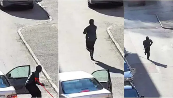  ?? Bild: Polisen ?? En av de allvarliga­ste skottlossn­ingarna 2019. Gärningsma­nnen hoppar ur bilen, jagar fram utefter Ekebergsga­tan och skjuter och vänder därefter tillbaka. Händelsen inträffade den 5 maj, och slutade med att tre män häktades men friades från inblandnin­g i dådet.