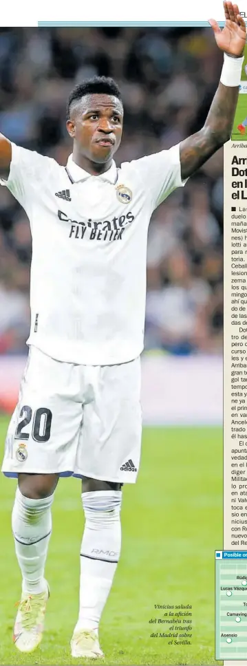  ?? ?? Vinicius saluda a la afición del Bernabéu tras el triunfo del Madrid sobre el Sevilla.