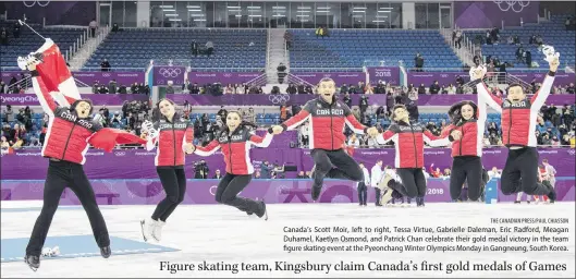  ?? THE CANADIAN PRESS/PAUL CHIASSON ?? Canada’s Scott Moir, left to right, Tessa Virtue, Gabrielle Daleman, Eric Radford, Meagan Duhamel, Kaetlyn Osmond, and Patrick Chan celebrate their gold medal victory in the team figure skating event at the Pyeonchang Winter Olympics Monday in...