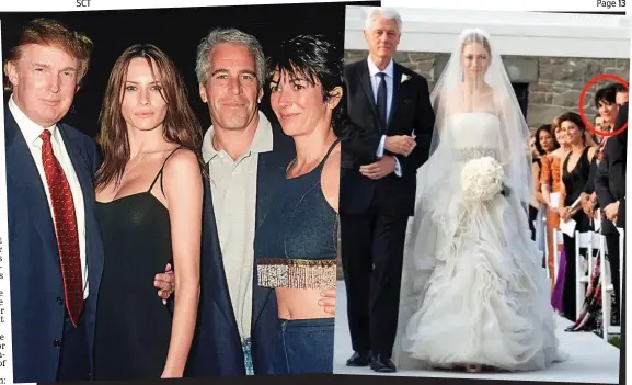  ??  ?? Friends in the highest places: Jeffrey Epstein and Ghislaine Maxwell with Donald Trump and his now-wife Melania Trump at Mar-a-Lago in Florida. And right, Maxwell (circled) as Bill Clinton walks daughter Chelsea down the aisle at her wedding
