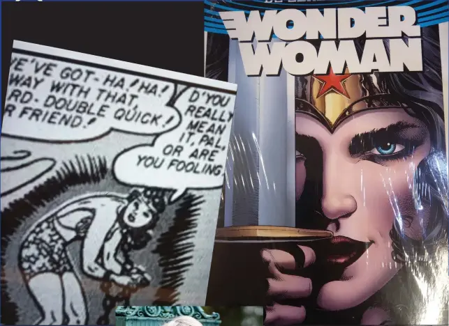  ?? (Large picture: Hagay Hacohen; Inset of Jill Lepore: James Joel/Flickr) ?? WONDER WOMAN in a recent comic by Greg Rucka, next to a picture of the 1950s comics created by psychologi­st William Moulton Marston, in ‘The Invisible History of Wonder Woman’ by Jill Lepore (inset).