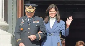  ?? MEG KINNARD/AP ?? Former South Carolina Gov. Nikki Haley and her husband, Army National Guard officer Michael Haley, attend the inaugural of Gov. Henry McMaster on Jan. 11 in Columbia. Nikki Haley is expected to launch a presidenti­al run.