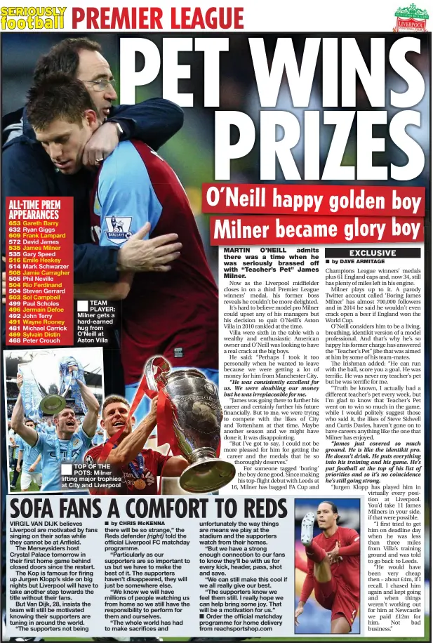  ??  ?? TEAM PLAYER: Milner gets a hard-earned hug from O’neill at Aston Villa
TOP OF THE POTS: Milner lifting major trophies at City and Liverpool
■