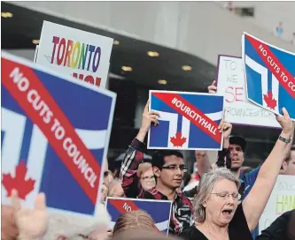  ?? STEVE RUSSELL TORONTO STAR ?? Hundreds gather outside in protest as Toronto City Council debates an emergency motion pertaining to Premier Doug Ford's plan to cut the size of Toronto’s council down to 25 seats.