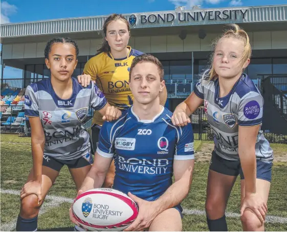  ?? Picture: QRU/BRENDAN HERTEL ?? Harry Nucifora (front), Eve Higgins, Piper Flynn and Deniz Ada will take part in the ‘Festival of Rugby’ at Bond University.