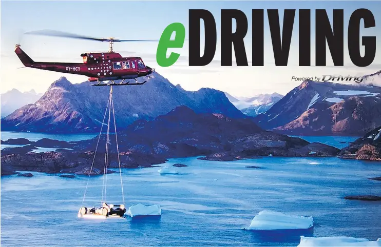  ?? — PHOTOS: WILL GRAY/DRIVING.CA ?? The Bell Huey had to lift a combined ton of racing car and its aluminum tray, then fly 40 miles to its destinatio­n on the Greenland ice cap.