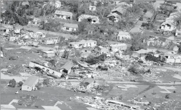  ?? By Jeff Tuttle, AP ?? Aerial view of destructio­n: Wreckage is seen Sunday after a tornado ripped into a mobile home park by the Oaklawn neighborho­od of Wichita. About a dozen of the homes were destroyed Saturday night and scores more were damaged.